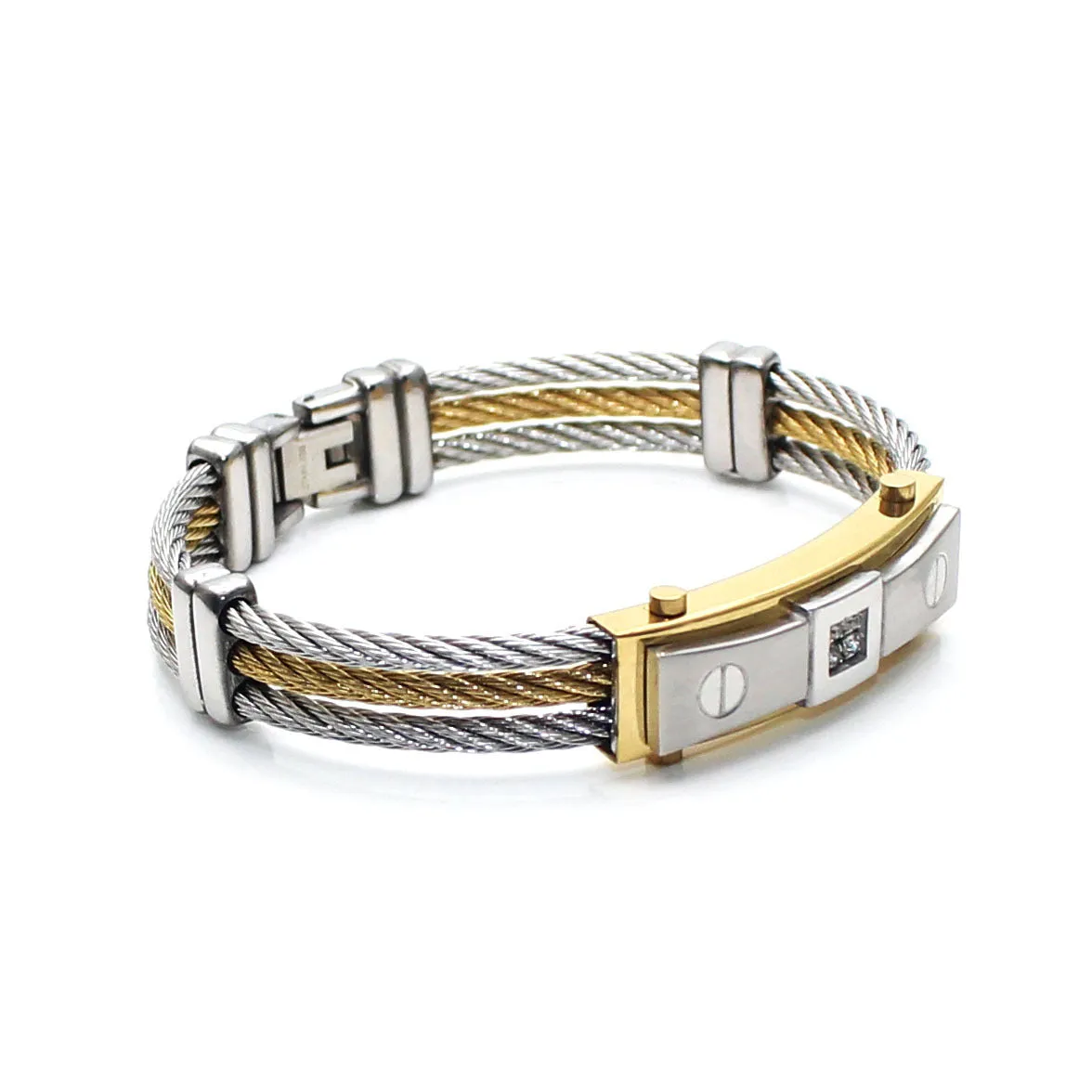 Three-ring steel wire braided hemp rope bracelet in titanium steel with electroplated finish on neutral background