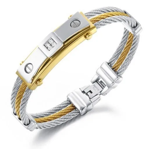 Three-ring steel wire braided hemp rope bracelet in titanium steel with electroplated finish on neutral background
