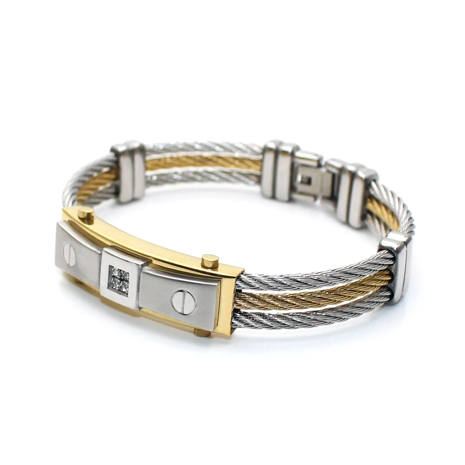 Three-ring steel wire braided hemp rope bracelet in titanium steel with electroplated finish on neutral background