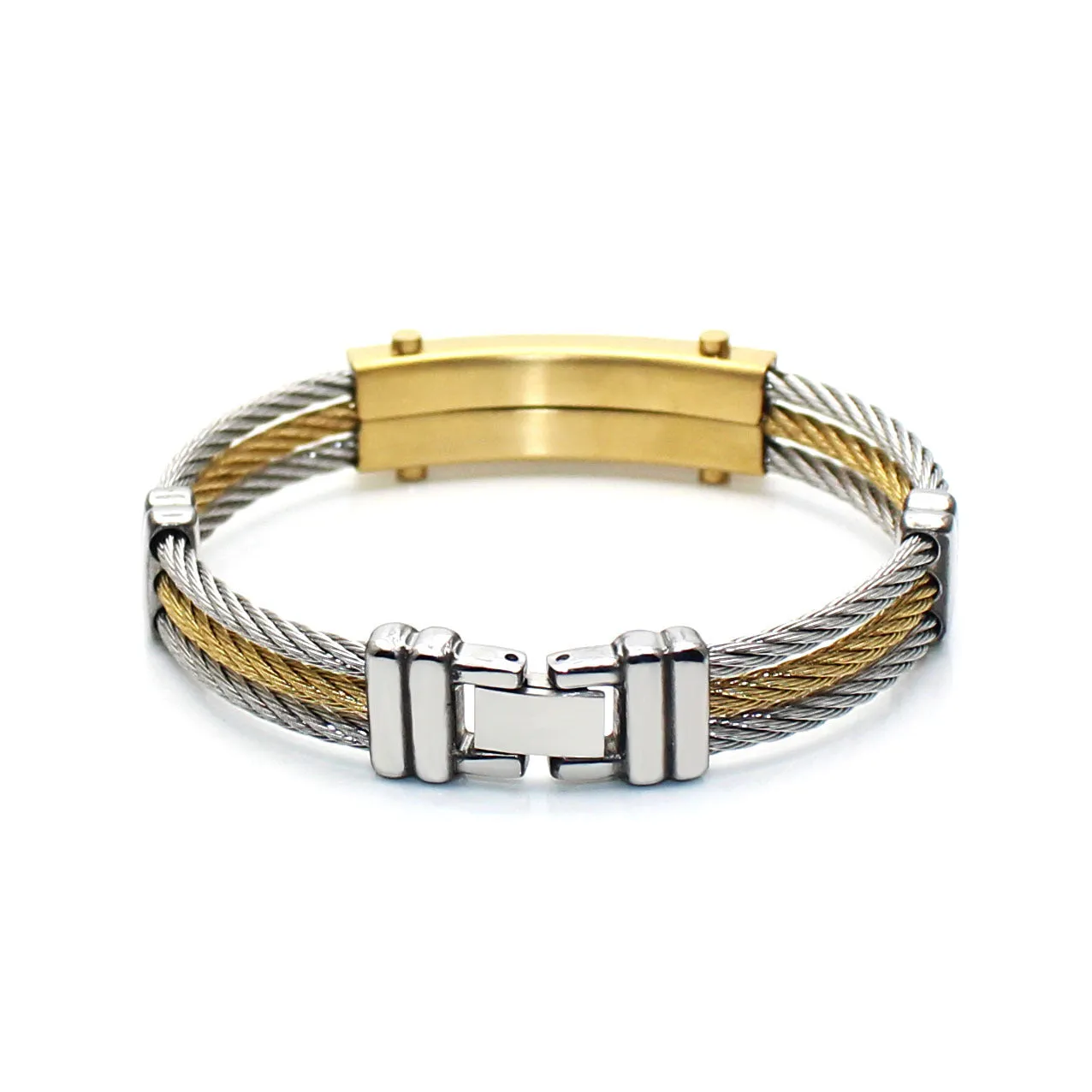 Three-ring steel wire braided hemp rope bracelet in titanium steel with electroplated finish on neutral background