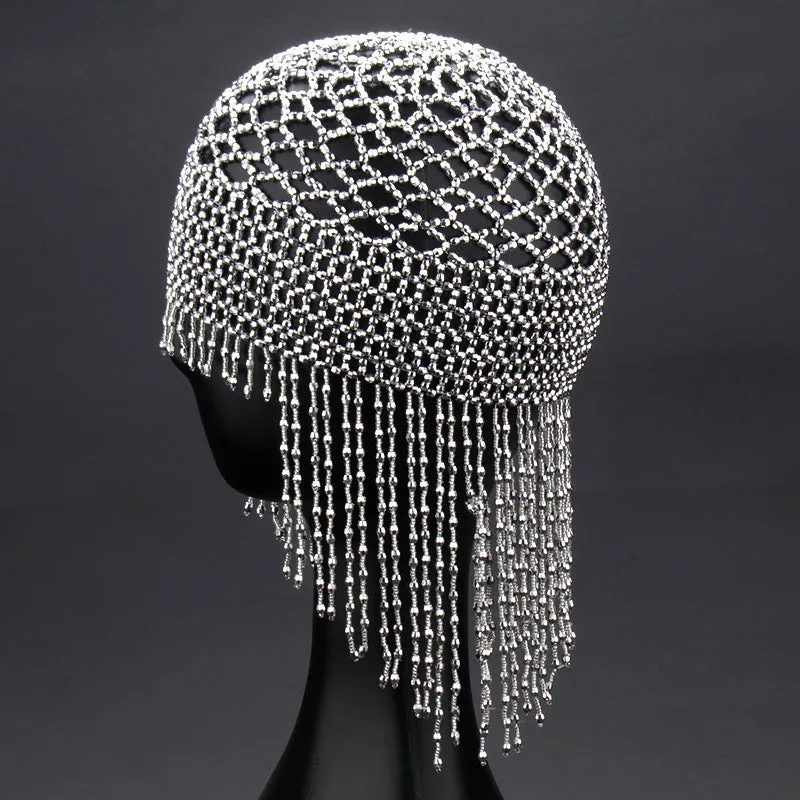 Handmade silver alloy belly dance hat with mesh decoration and long tassels