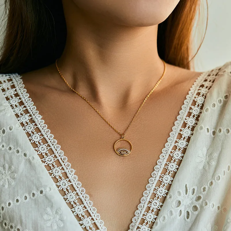 Fashion OL classic high-end versatile necklace, 18K gold-plated copper O-ring chain with geometric round pendant, 41-50cm adjustable length