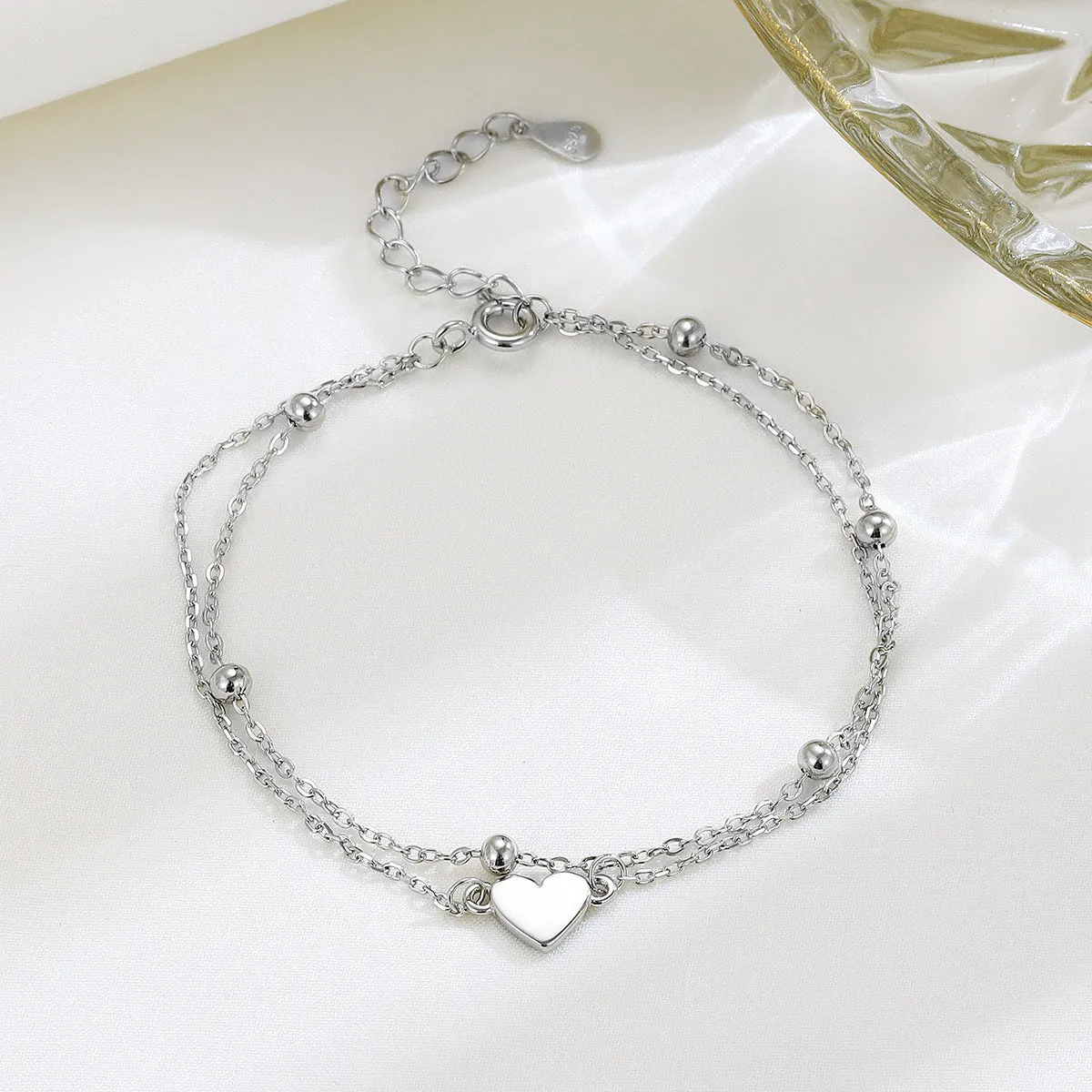 S925 sterling silver double-layer heart bracelet women's simple style silver colour adjustable chain