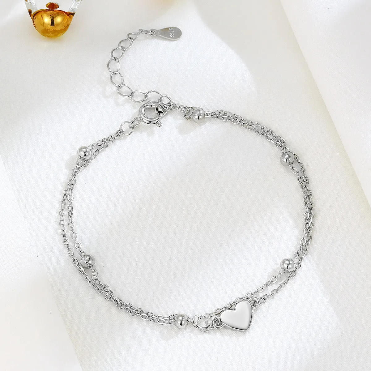 S925 sterling silver double-layer heart bracelet women's simple style silver colour adjustable chain