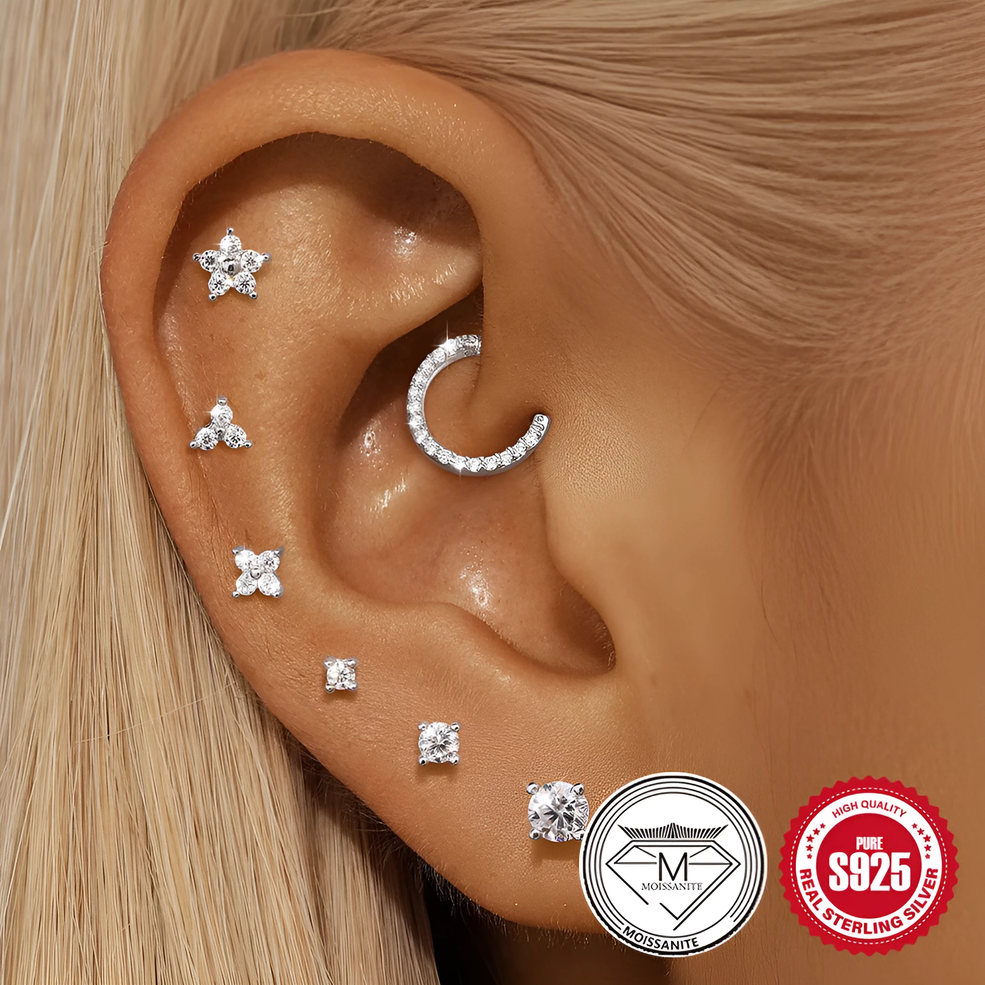 Sterling silver geometric stud earrings with petal designs in multiple sizes and styles