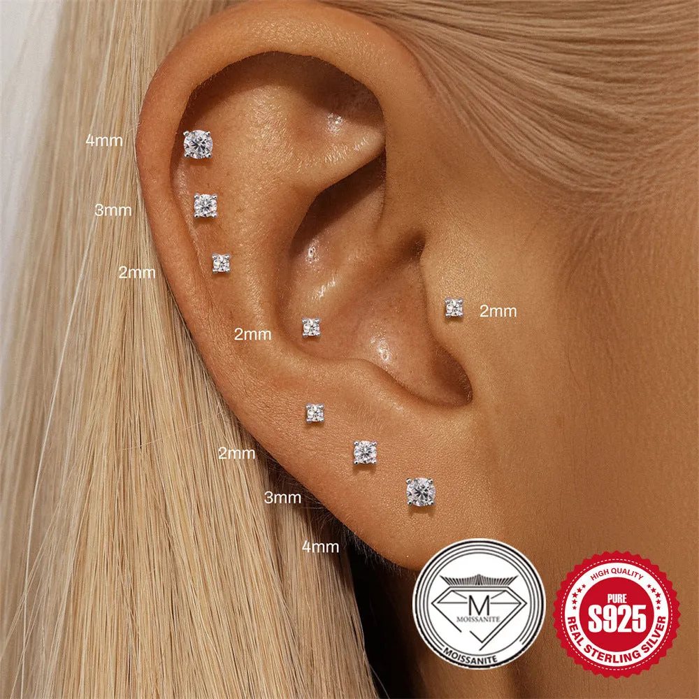 Sterling silver geometric stud earrings with petal designs in multiple sizes and styles