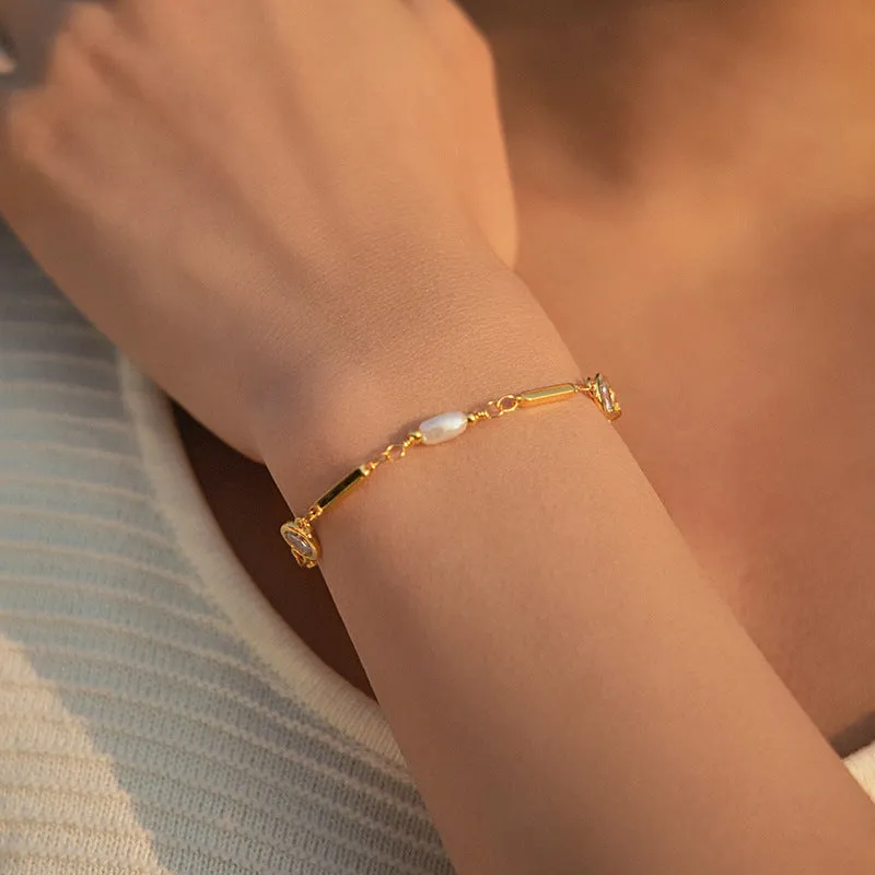 18K gold copper electroplated bracelet with inlaid zircon and ABS pearl for women