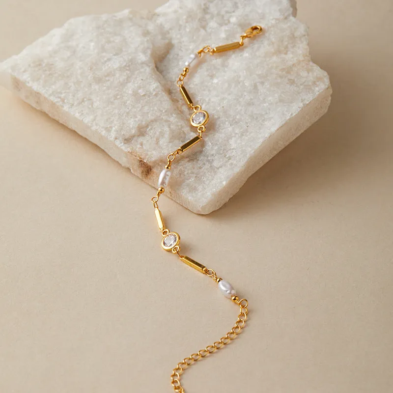18K gold copper electroplated bracelet with inlaid zircon and ABS pearl for women