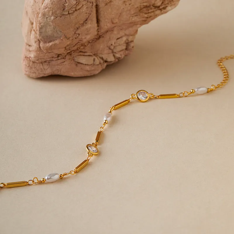 18K gold copper electroplated bracelet with inlaid zircon and ABS pearl for women