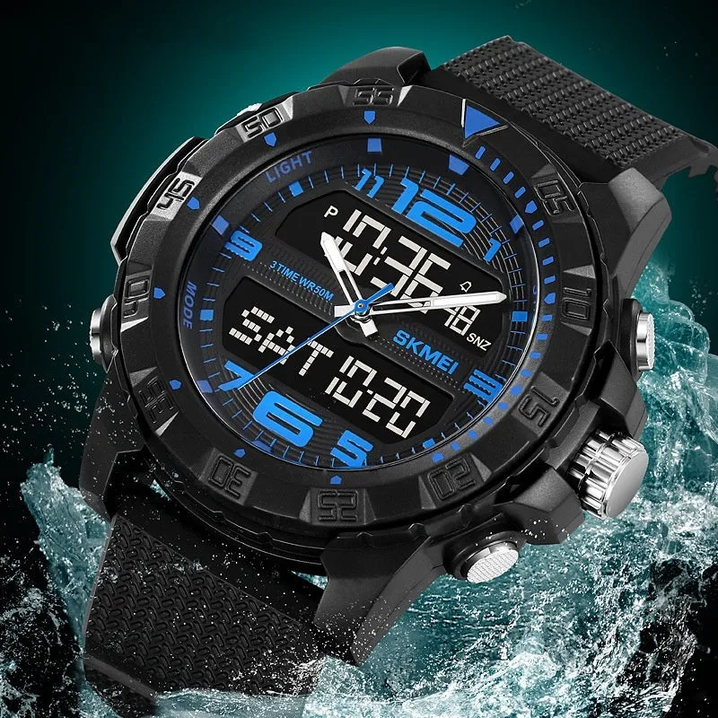 Men's dual display waterproof electronic watch with 53mm black resin dial and TPU strap for outdoor sports