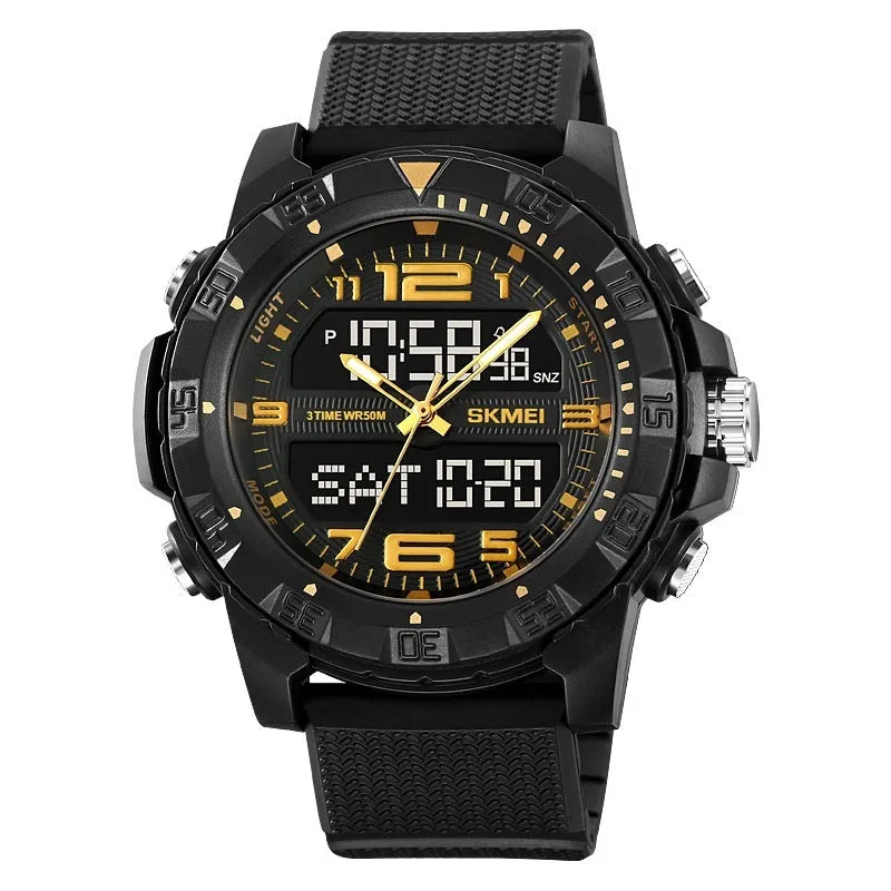 Men's dual display waterproof electronic watch with 53mm black resin dial and TPU strap for outdoor sports