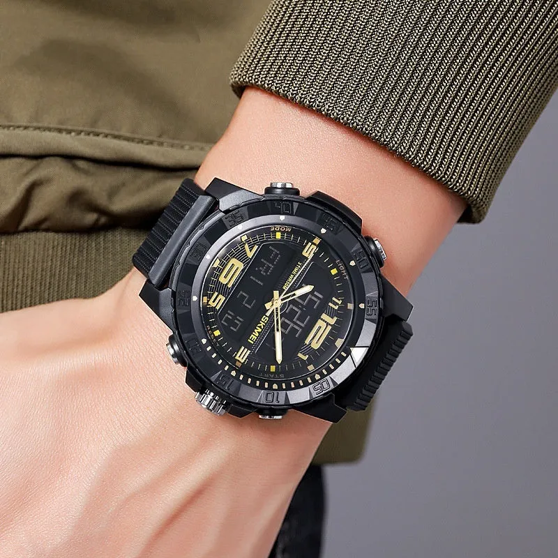 Men's dual display waterproof electronic watch with 53mm black resin dial and TPU strap for outdoor sports