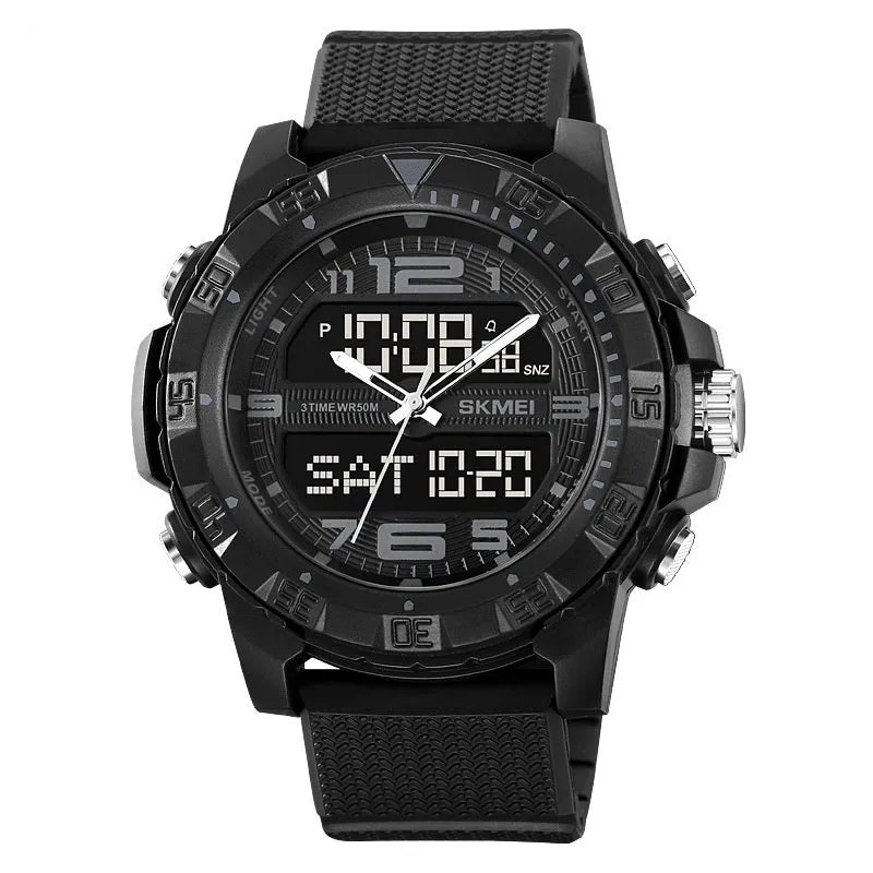 Men's dual display waterproof electronic watch with 53mm black resin dial and TPU strap for outdoor sports