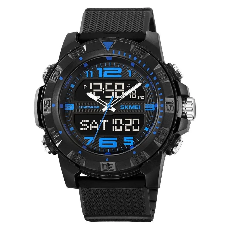 Men's dual display waterproof electronic watch with 53mm black resin dial and TPU strap for outdoor sports
