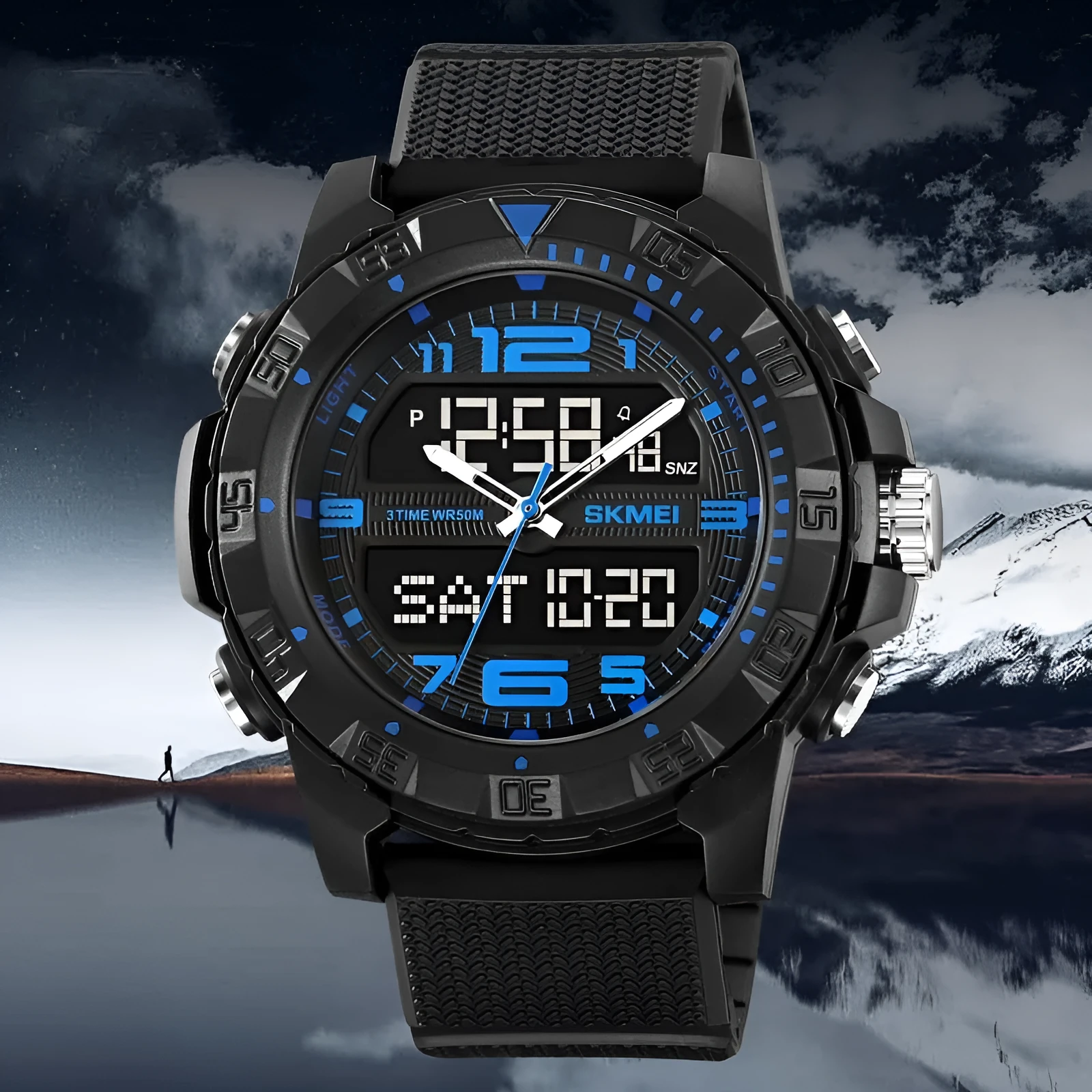 Men's dual display waterproof electronic watch with 53mm black resin dial and TPU strap for outdoor sports