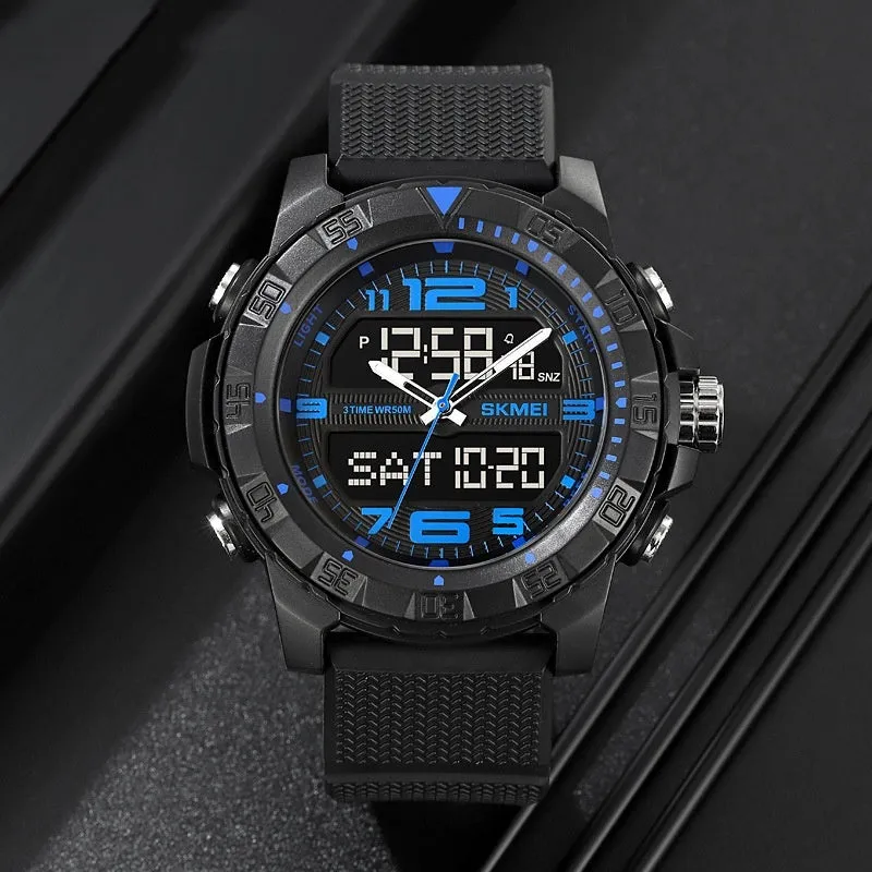 Men's dual display waterproof electronic watch with 53mm black resin dial and TPU strap for outdoor sports