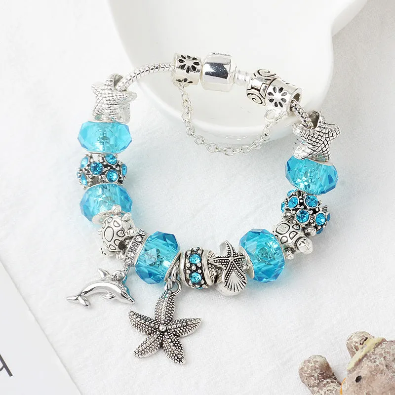 Blue Ocean alloy beaded bracelet with dolphin and starfish pendant, electroplated finish, 18 cm length option