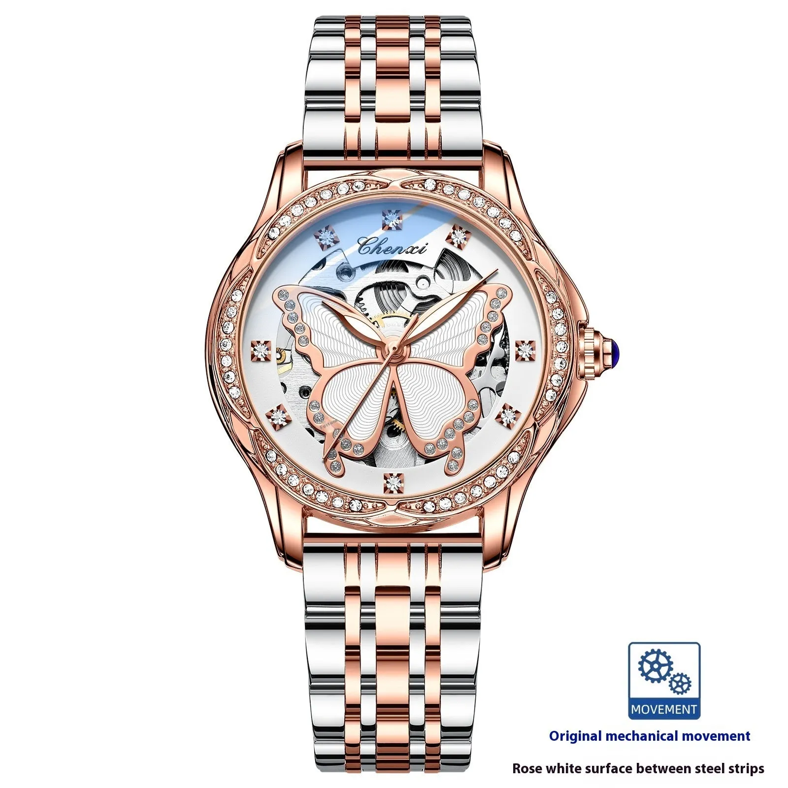 Butterfly dial diamond-embedded women's automatic mechanical watch with genuine leather strap and pin buckle on a white background