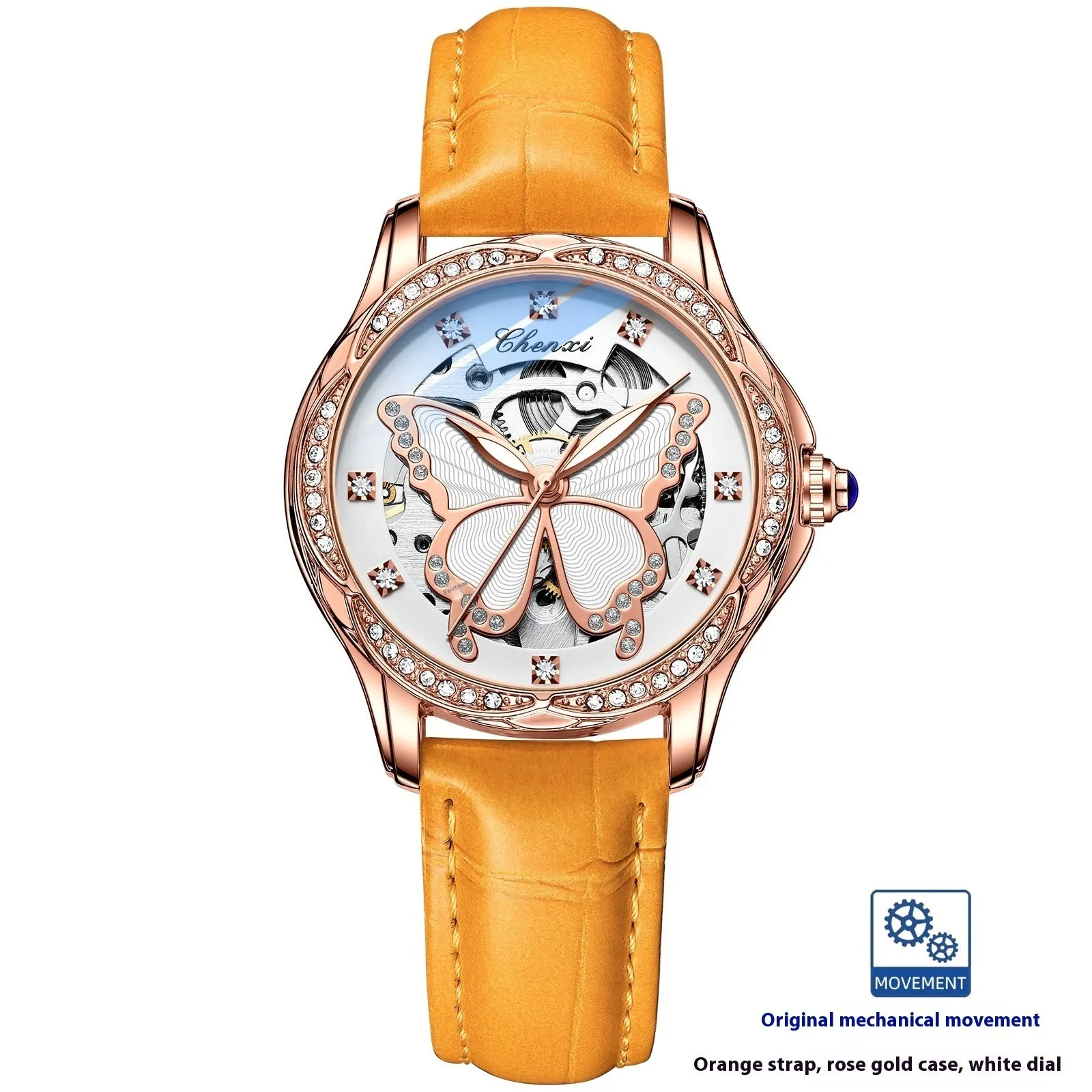Butterfly dial diamond-embedded women's automatic mechanical watch with genuine leather strap and pin buckle on a white background