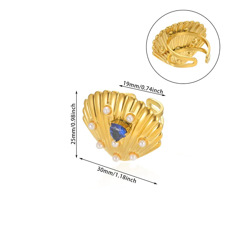 Stainless steel pearl zircon ring for women, adjustable opening, electroplating finish, European American style, colour JZ7336