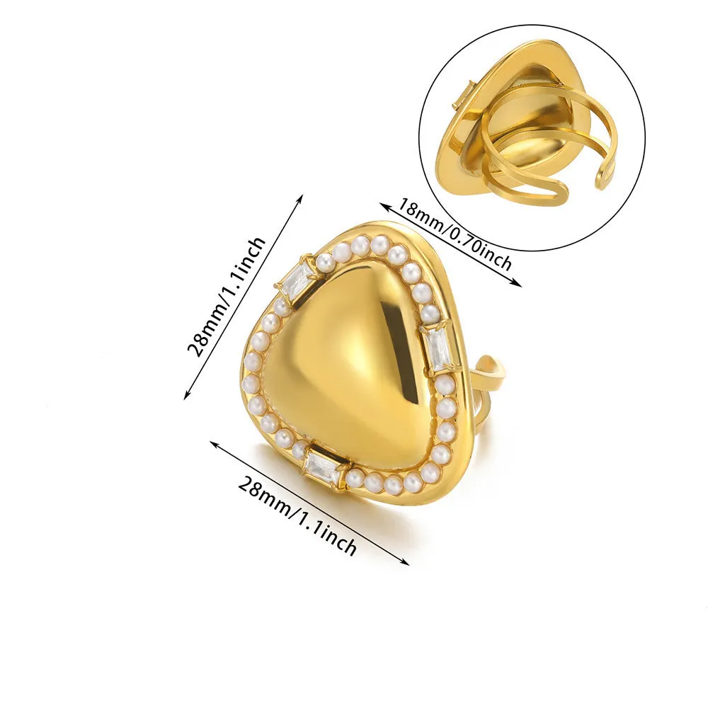 Stainless steel pearl zircon ring for women, adjustable opening, electroplating finish, European American style, colour JZ7336