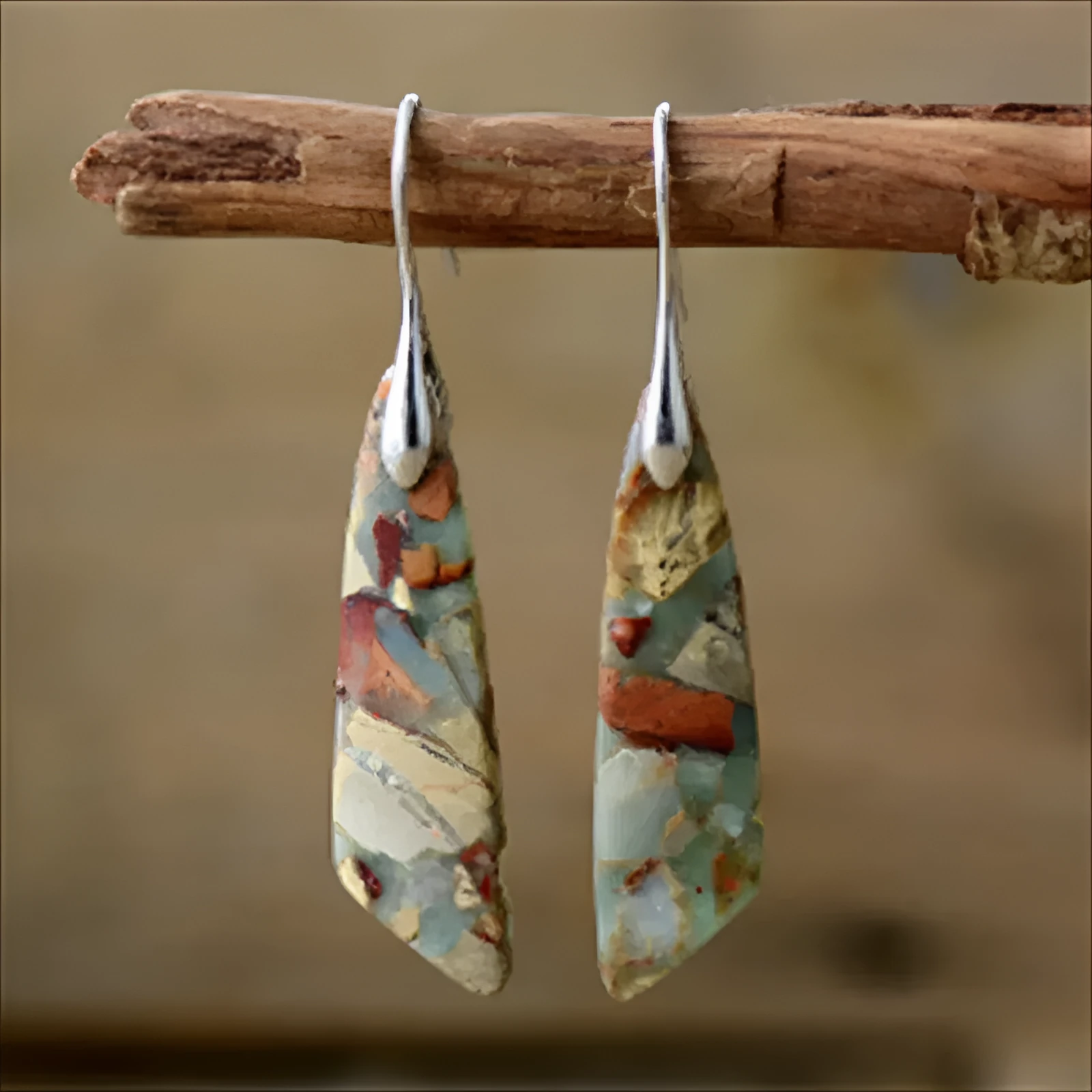 Pair of natural stone geometric water droplet earrings with Shoushan silver platinum colour retention copper ear hooks on neutral background
