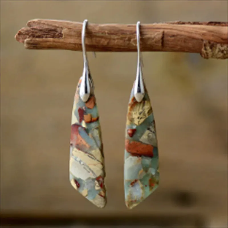 Pair of natural stone geometric water droplet earrings with Shoushan silver platinum colour retention copper ear hooks on neutral background