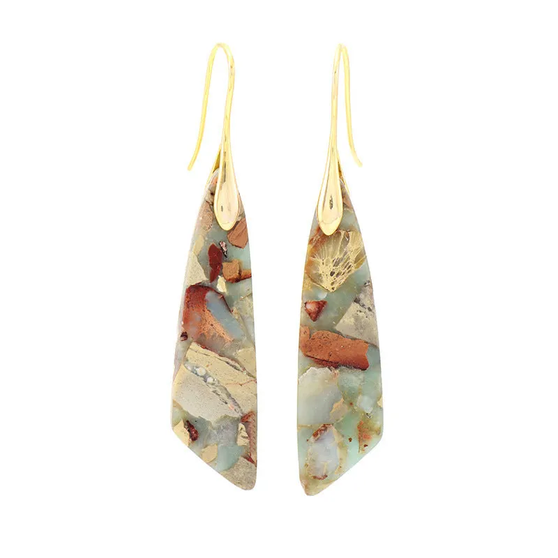Pair of natural stone geometric water droplet earrings with Shoushan silver platinum colour retention copper ear hooks on neutral background
