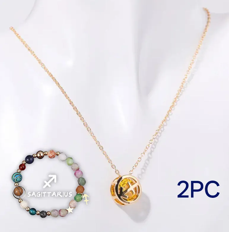 Natural stone beaded necklace set with matching bracelet on display showing twelve style colour options