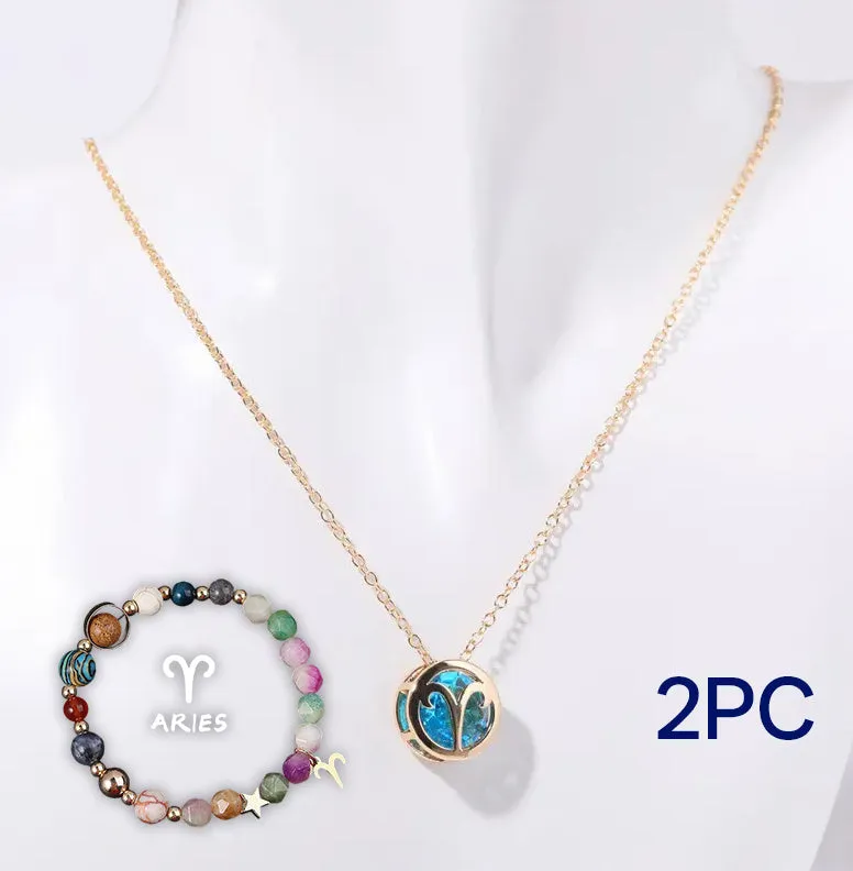 Natural stone beaded necklace set with matching bracelet on display showing twelve style colour options