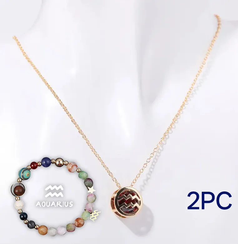 Natural stone beaded necklace set with matching bracelet on display showing twelve style colour options