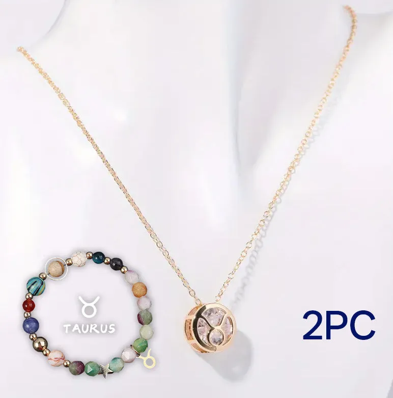 Natural stone beaded necklace set with matching bracelet on display showing twelve style colour options