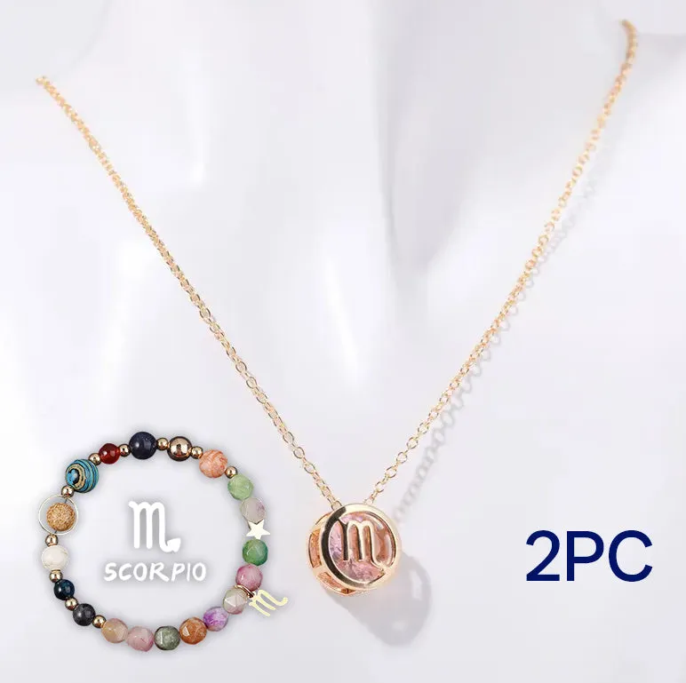 Natural stone beaded necklace set with matching bracelet on display showing twelve style colour options