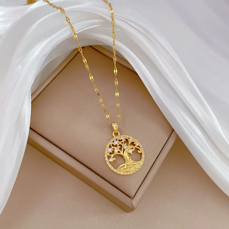 Gold-plated lucky tree pendant necklace with micro-inlaid rhinestones on an adjustable stainless steel chain.