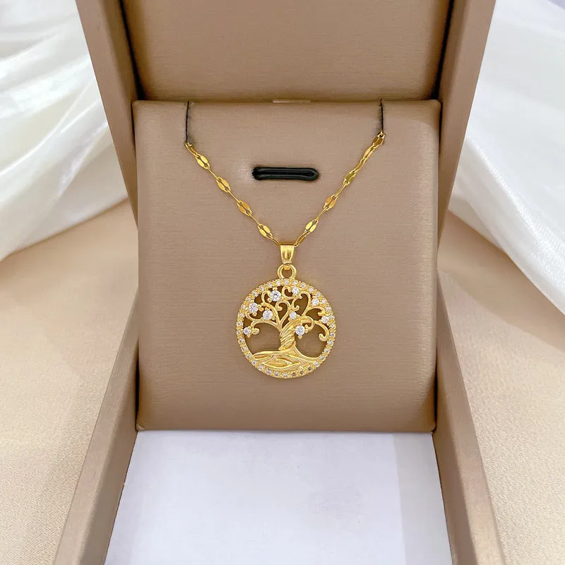 Gold-plated lucky tree pendant necklace with micro-inlaid rhinestones on an adjustable stainless steel chain.