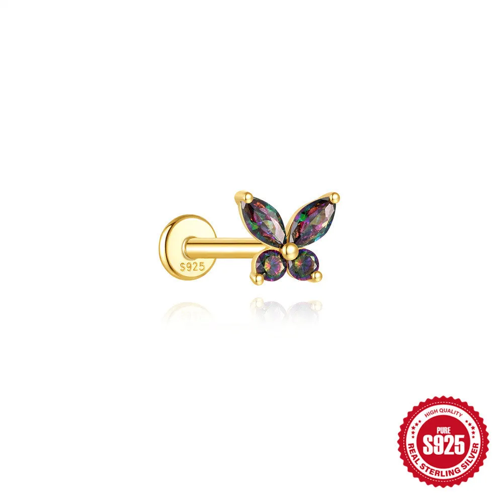 S925 sterling silver geometric thread piercing with flat head and rainbow stone in gold colour.