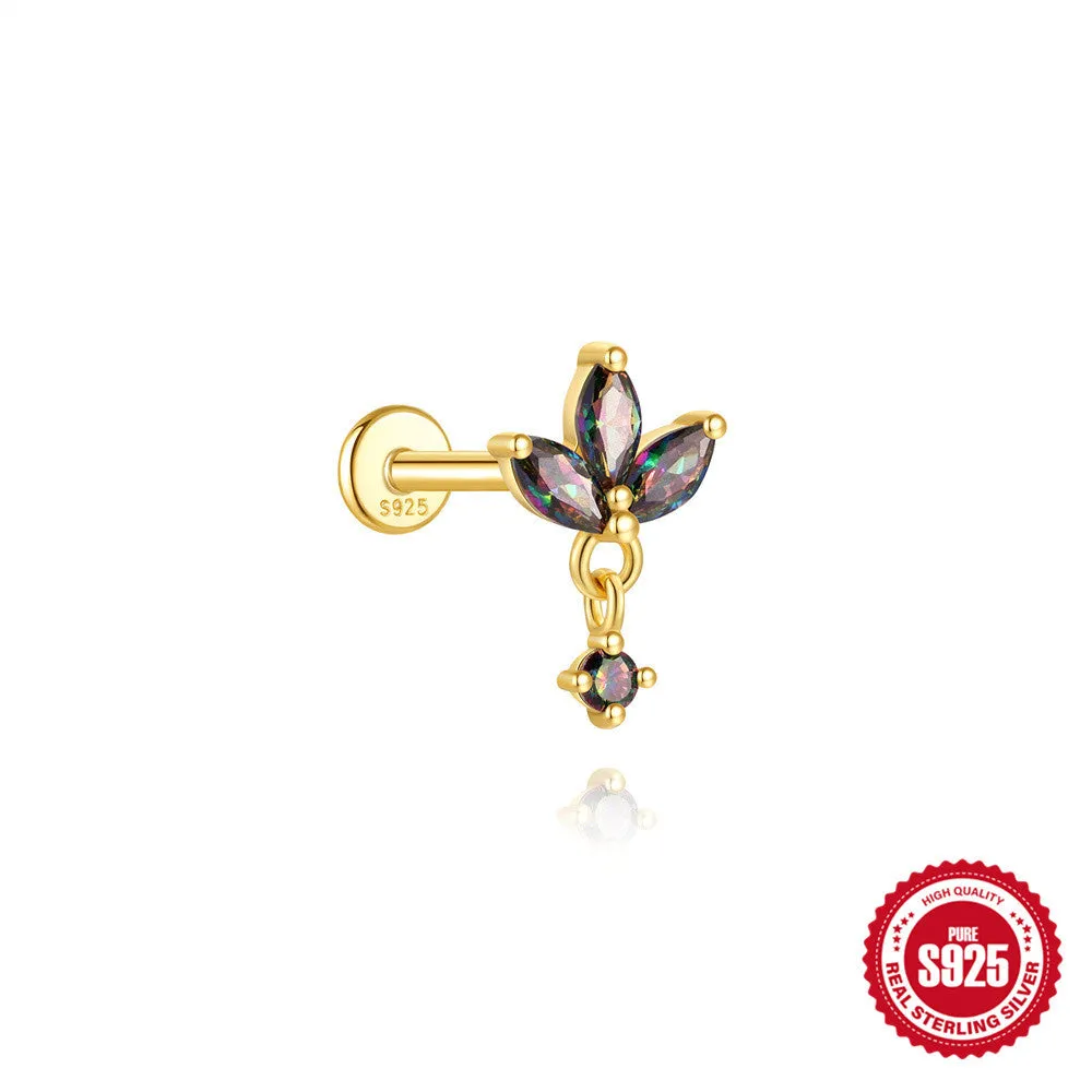 S925 sterling silver geometric thread piercing with flat head and rainbow stone in gold colour.