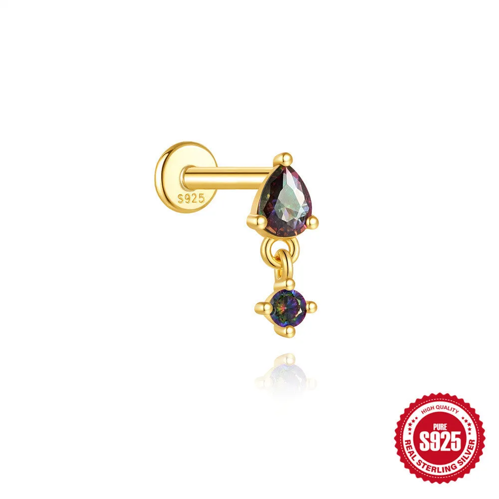 S925 sterling silver geometric thread piercing with flat head and rainbow stone in gold colour.