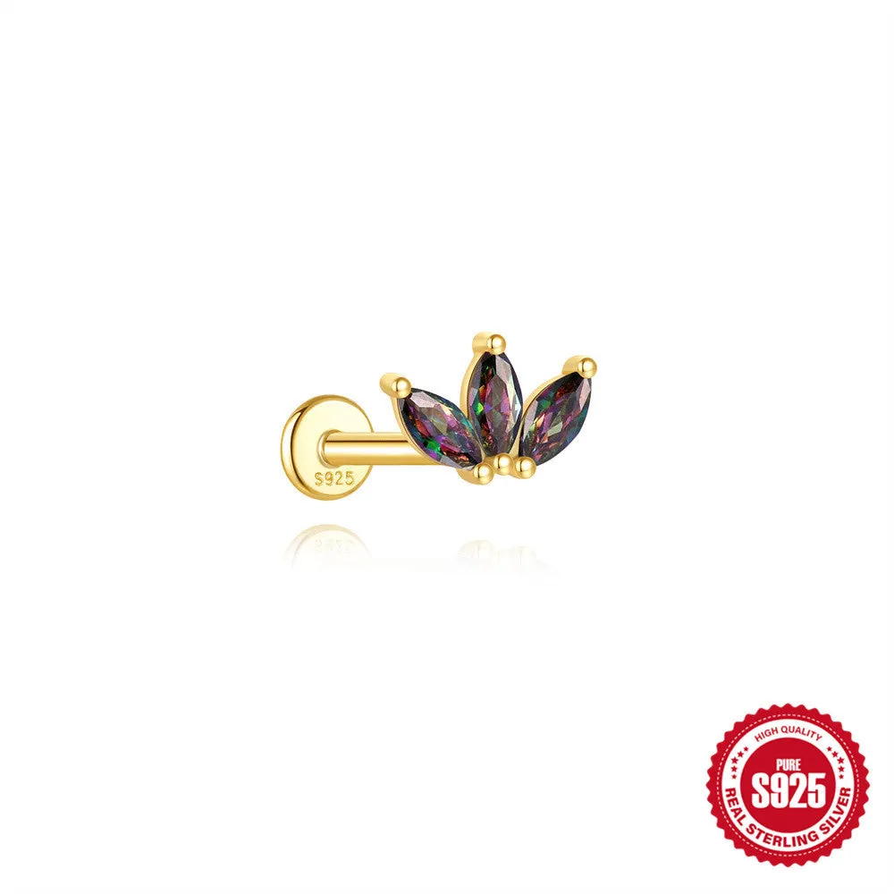 S925 sterling silver geometric thread piercing with flat head and rainbow stone in gold colour.