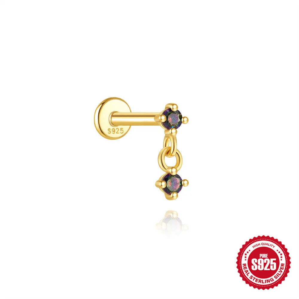 S925 sterling silver geometric thread piercing with flat head and rainbow stone in gold colour.