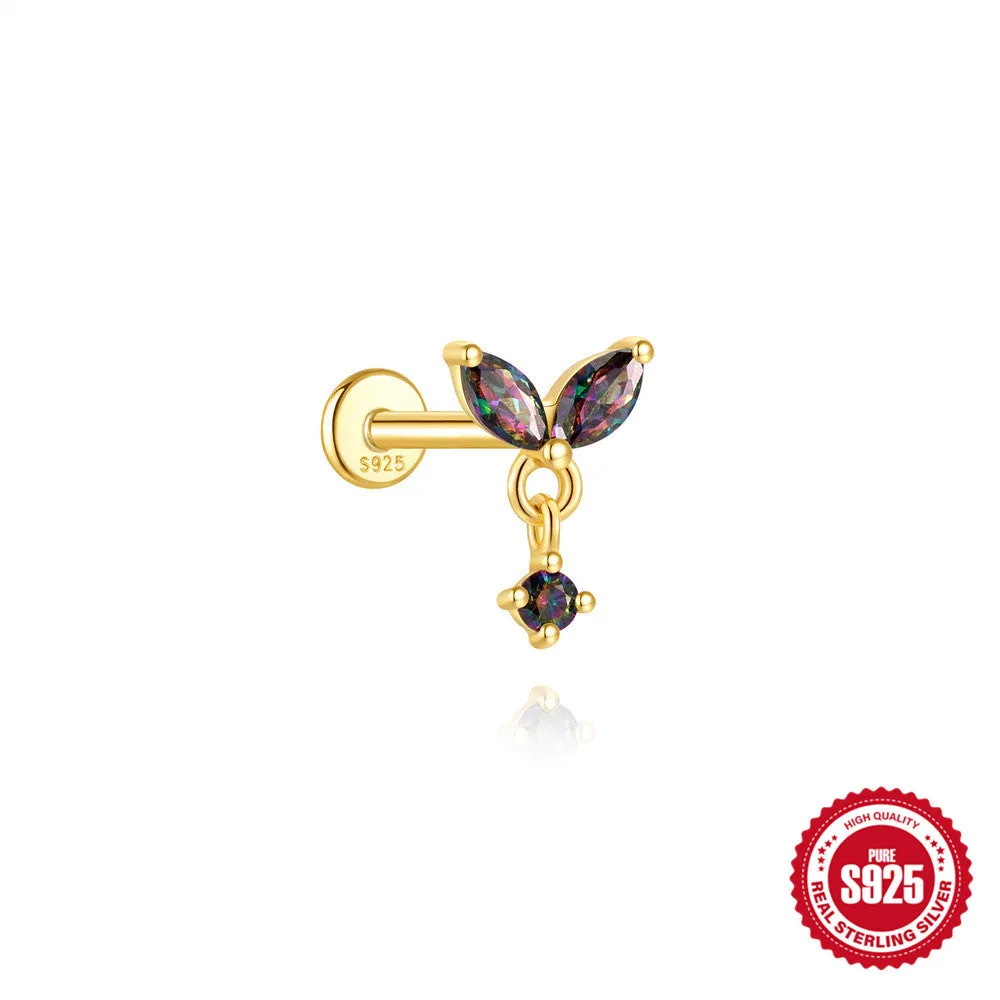 S925 sterling silver geometric thread piercing with flat head and rainbow stone in gold colour.
