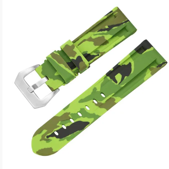 20mm silicone rubber watch strap with silver buckle, available in solid and camouflage colours