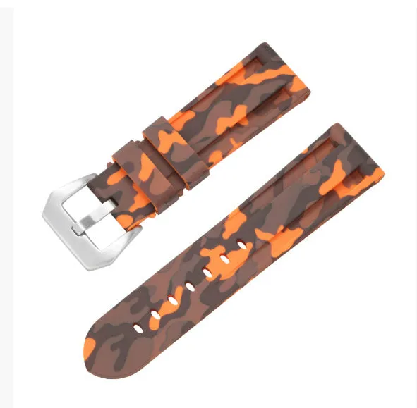 20mm silicone rubber watch strap with silver buckle, available in solid and camouflage colours