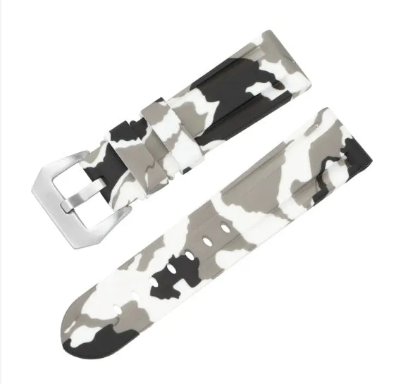 20mm silicone rubber watch strap with silver buckle, available in solid and camouflage colours