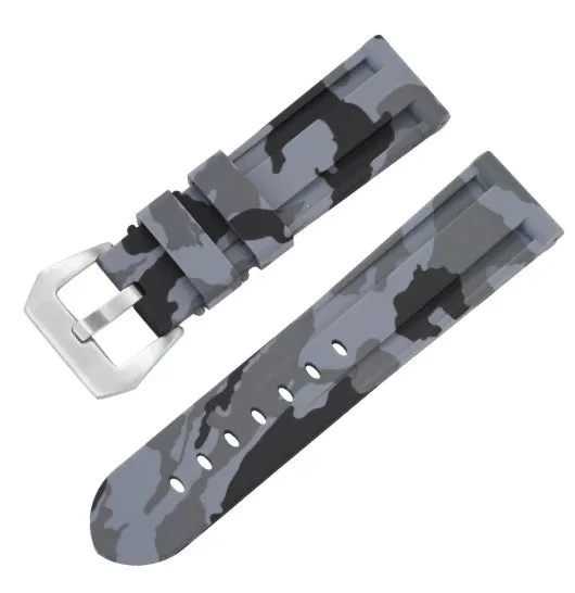 20mm silicone rubber watch strap with silver buckle, available in solid and camouflage colours