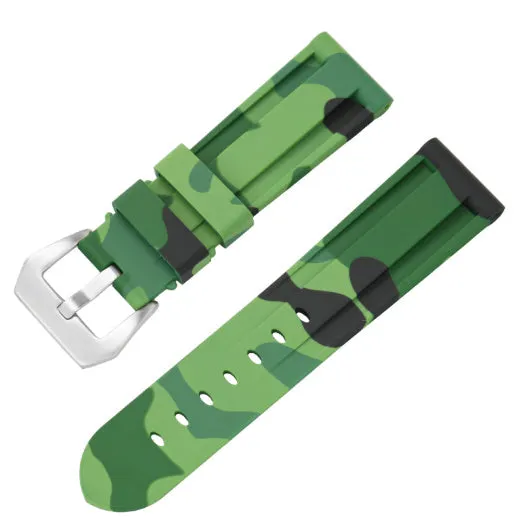 20mm silicone rubber watch strap with silver buckle, available in solid and camouflage colours