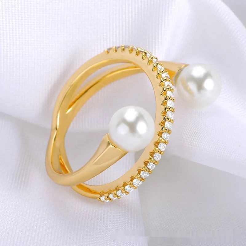 Double-layer cross frame ring in stainless steel, wave shaped, unisex style with electroplated finish available in multiple colours