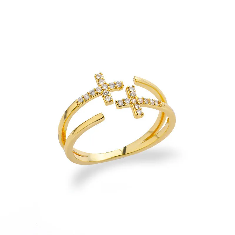 Double-layer cross frame ring in stainless steel, wave shaped, unisex style with electroplated finish available in multiple colours