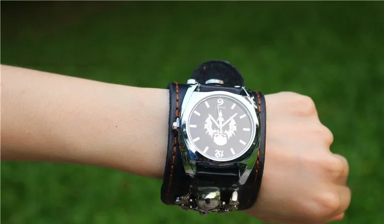 Men's black skull square watch with metal strap on wrist, 10mm thickness