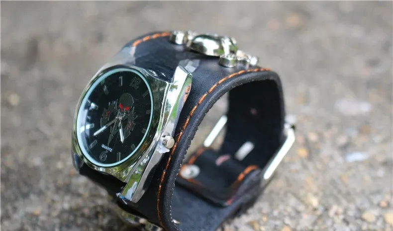 Men's black skull square watch with metal strap on wrist, 10mm thickness